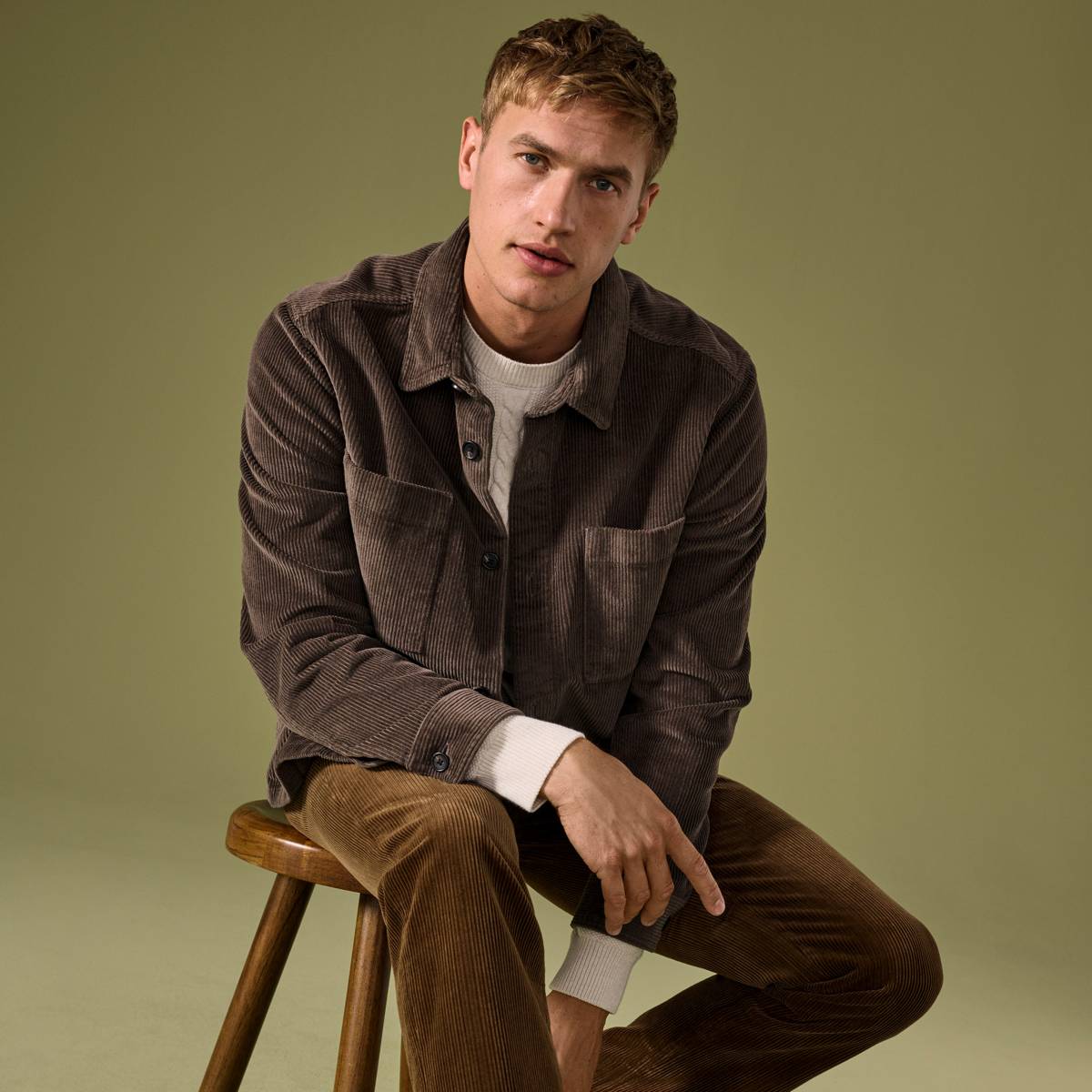 Man wearing brown corduroy overshirt and brown corduroy trousers. Shop new in menswear 
